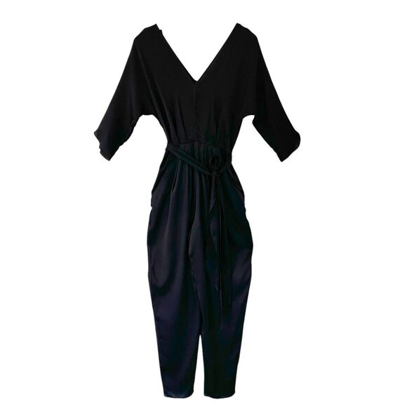 Milly Silk V Neck 3/4 Sleeve Pleated Belted Pant Jumpsuit Dressy Black Size 0 - Picture 1 of 16